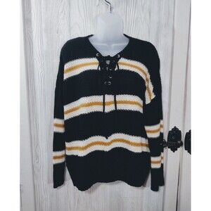 Rue 21 Sweater Y2K Large Knit Lace Up V-Neck Striped Long Sleeve Sweater Grunge